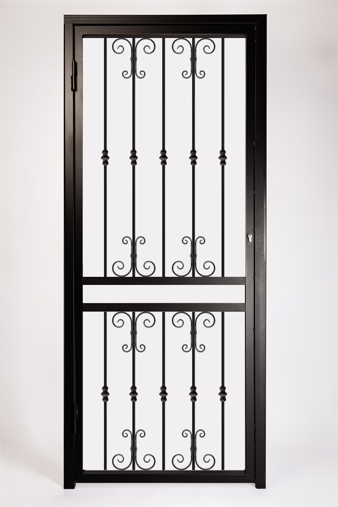 Decorative Type 1 Security Gate For Front and Back Doors. Design Features Decorative Steel Scroll Panels.