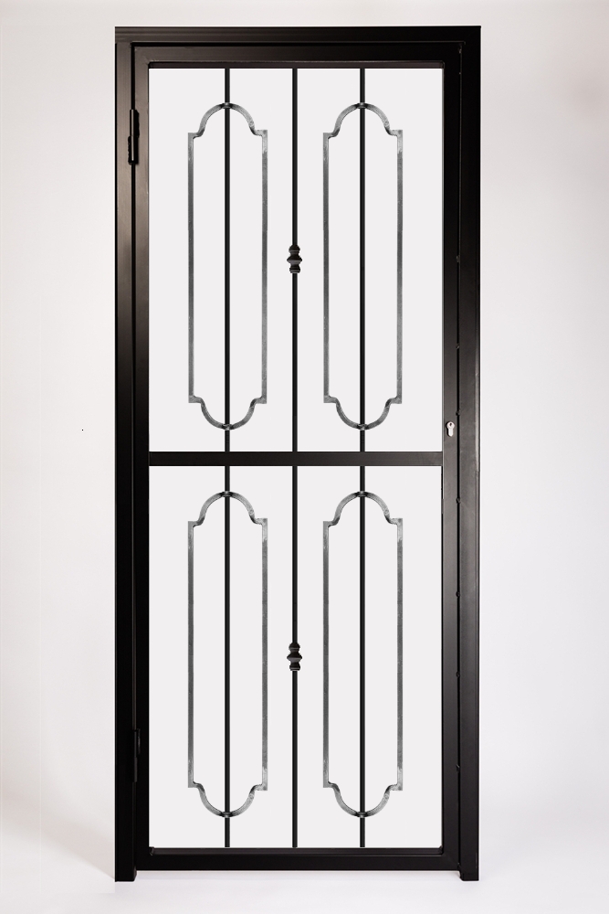 Decorative Security Gate For Front and Back Doors. Design Features Decorative Steel Panels.