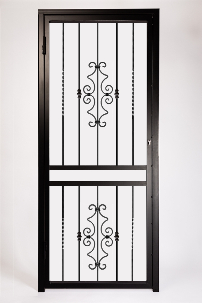 Decorative Type 5 Security Gate ~ With Letterbox Opening. Design Features Decorative Steel Panels and Bushes.