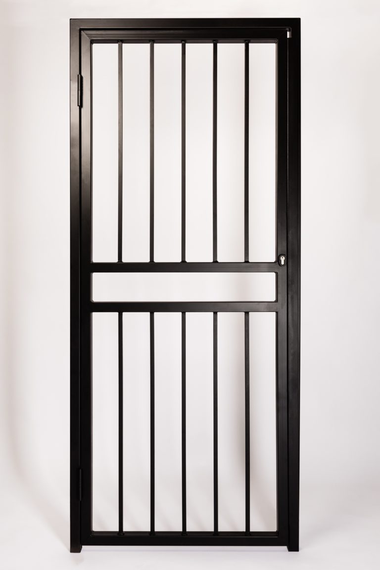 Iron Bar Security Gate for Doors and Openings. Design Features Solid Steel 16mm Round Infill Bars and Letterbox Opening.