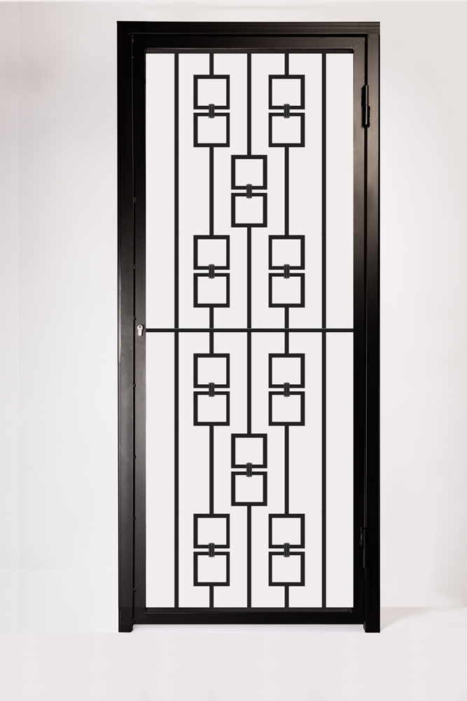 Decorative Square Pattern Security Gate. Modern Design Features Decorative Steel Square Panels.
